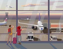 Tourists from the terminal window look at the planes and the airport. Vector. vector