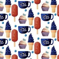 Vector seamless pattern with blue cupcakes and ice cream