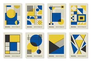 Set of 8 minimal vintage 20s geometric design posters, wall art, template, layout with primitive shapes elements. Bauhaus retro pattern vector background, blue, yellow and black Ukrainian flag colors