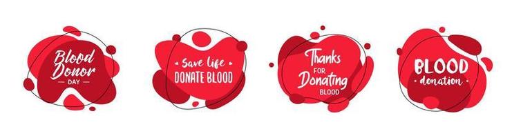 Set of 4 abstract graphic liquid organic shape Blood Donation elements. Fluid isolated red drops banners with flowing lines. Template for medical design, logo, flyer or presentation, Donor Day. vector