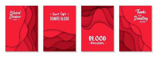 Set of 4 Blood Donation abstract graphic organic paper cut shapes. Dynamical waves, fluid shapes. Red banners with flowing lines, Donor quotes. Template for the design of a logo, flyer, presentation