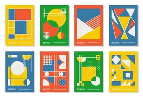 conjunto de 8 afiches de diseño geométrico mínimo de los años 20, arte mural, plantilla, diseño con elementos de formas primitivas. fondo de patrón retro bauhaus, círculo abstracto vectorial, triángulo y línea cuadrada vector
