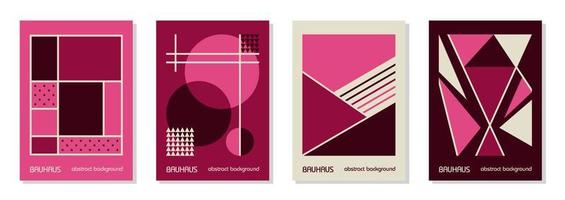 Set of 4 minimal vintage 20s geometric design posters, wall art, template, layout with primitive shapes. Bauhaus pink magenta retro pattern background, vector abstract circle, triangle and square