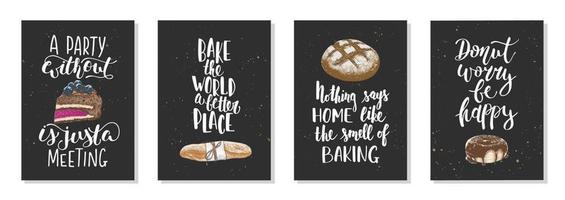 Set of 4 vector bakery posters with hand drawn unique funny lettering design element for kitchen decoration, prints and cafe wall art. Engraved sketch of donut or doughnut, baguette, bread, cake.