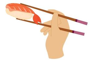 mano de dibujos animados sostiene palillos con sushi de camarones. cocina japonesa, comida tradicional aislada de fondo blanco vector