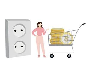 A girl stands near a huge power socket and a grocery cart in which a stack of golden coins with a dollar sign, flat vector, isolate on white vector