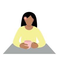 retrato de una niña india con una taza en las manos en la mesa, vector plano, aislado en blanco, ilustración sin rostro