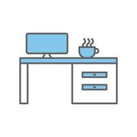 ilustración del icono de la mesa con la computadora del monitor. adecuado para el icono del lugar de trabajo. icono relacionado con la gestión de proyectos. estilo de icono de línea plana. diseño vectorial simple editable vector