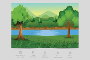 Horizon nature scene countryside with forest lake side view. Mountain green valley scene. Summer season scenic view. Village on river, mountain summer nature landscape vector illustration.