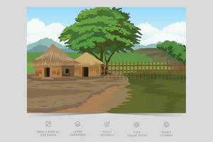 Indian Village Background Illustration. Rural mountain landscape and village vector illustration. A beautiful village with farmlands, trees, meadows and with mountains in the background.