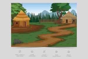 ilustración de fondo de pueblo indio. paisaje de montaña rural e ilustración de vector de pueblo. un pueblo precioso con tierras de cultivo, árboles, prados y con montañas al fondo.