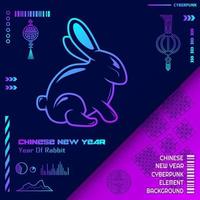 Happy chinese new year 2023 year of the rabbit zodiac cyberpunk design with dark background. Abstract technology vector holiday illustration.