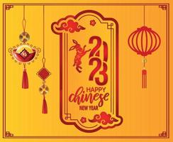 feliz año nuevo chino 2023 año del conejo diseño rojo ilustración abstracta vector con fondo degradado amarillo