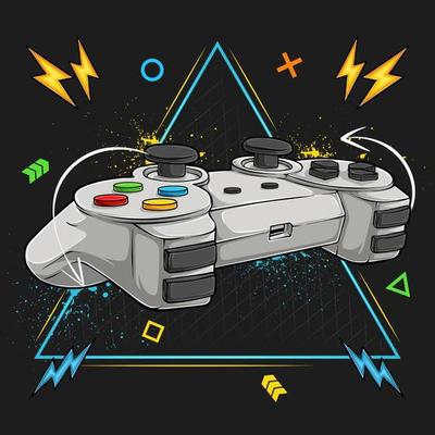 Hand drawn analog joystick game console, colorful video game controller and game pad