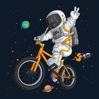 Hand drawn astronaut in spacesuit riding BMX bike on space over space rocket and planets