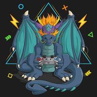 Hand drawn funny gamer dragon playing video games with his grey analog joystick game controller vector