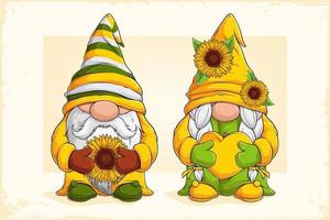 Hand drawn cute sunflower gnomes holding a yellow heart and big sunflower for spring and summer vector