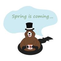 Groundhog in a hat with a cup coming out of his hole and a shadow with lettering Spring is coming vector