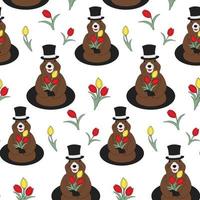 Seamless pattern of a Groundhog in a hat with a bouquet tulip in his paws and around. Groundhog day vector