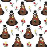 Seamless pattern of a Groundhog in a hat with a bouquet tulip in his paws and around. Groundhog day vector