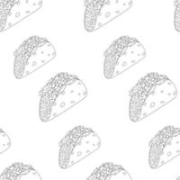 Seamless pattern with Tacos from meat, vegetables pointing in different directions. Mexican cuisine vector