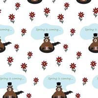 Endless pattern of Groundhog in a hat with a cup, shadow and his hole and lettering Spring is coming vector