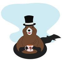 Groundhog in a hat with a steaming cup in his paws coming out of his hole. Groundhog day. Copy space vector