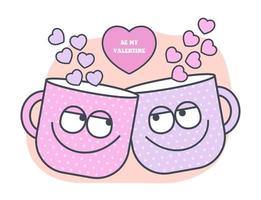 Valentines day greeting card with groovy cartoon characters. Hand drawn two funky cups in love for stickers and cards in trendy style vector