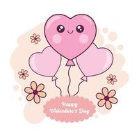 Cute cartoon kawaii balloon characters with flowers on a beige background. Hand drawn greeting card for birthday wishes, happy Valentine's Day. Love, romantic concept. vector