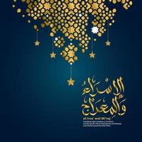 Vector greeting al isra' wal mi'raj with luxury design golden calligraphy and geometry