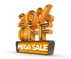 Mega Sale 20 Prozent Rabatt linke Seitenansicht 3D-Renderobjekt png