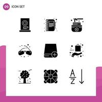 Mobile Interface Solid Glyph Set of 9 Pictograms of computers geek note view glasses Editable Vector Design Elements