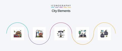 la línea de elementos de la ciudad llenó el paquete de iconos planos 5 que incluye el transporte. la carretera. lámpara. estacionamiento. ciclo vector