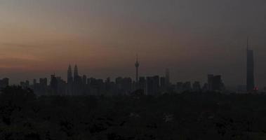 Zeitraffer-Landschaftsansicht des Stadtzentrums von Kuala Lumpur Innenstadt mit vielen Wolkenkratzergebäuden Hochhaus im modernen Stil Türme mit wunderschönem Vanille-Sonnenuntergang Sonnenaufgang Dämmerungshimmel video