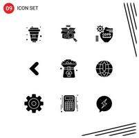 Pack of 9 creative Solid Glyphs of clover backword gdpr back security Editable Vector Design Elements