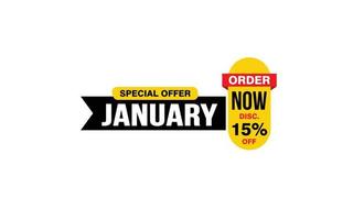 15 Percent JANUARY discount offer, clearance, promotion banner layout with sticker style. vector