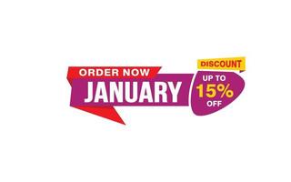 15 Percent JANUARY discount offer, clearance, promotion banner layout with sticker style. vector