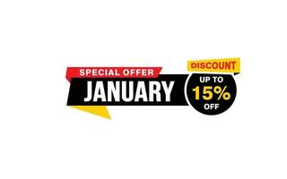 15 Percent JANUARY discount offer, clearance, promotion banner layout with sticker style. vector