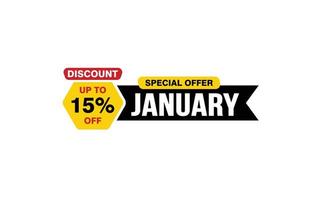 15 Percent JANUARY discount offer, clearance, promotion banner layout with sticker style. vector