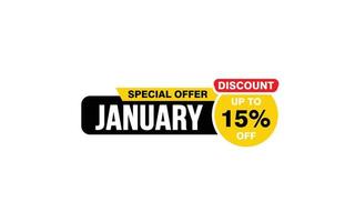 15 Percent JANUARY discount offer, clearance, promotion banner layout with sticker style. vector