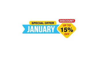 15 Percent JANUARY discount offer, clearance, promotion banner layout with sticker style. vector