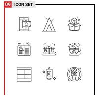 Mobile Interface Outline Set of 9 Pictograms of test food cube drink cafe Editable Vector Design Elements