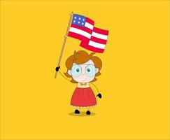 vector cartoon illustration of girl holding american flag