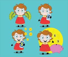 vector de pose de dibujos animados de niña de dinero