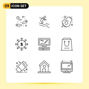 Modern Set of 9 Outlines and symbols such as markiting computer breakfast money business Editable Vector Design Elements