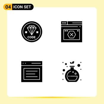 paquete de interfaz de usuario de 4 glifos sólidos básicos de página de desarrollo de error de código elementos de diseño vectorial editables héroe vector