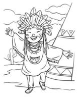 Happy Native American Indian Girl Coloring Page vector