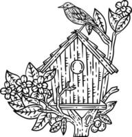 Bird House Spring Coloring Page for Adults vector