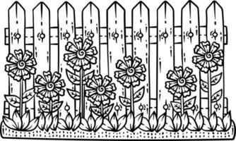 Fence with Flower Spring Coloring Page for Adults vector