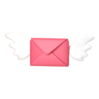 courrier volant 3d avec icône d'ailes. concept de courrier d'amour, nouveau message, notification ou enveloppe de la saint-valentin. Rendu 3d de haute qualité isolé sur fond blanc. png